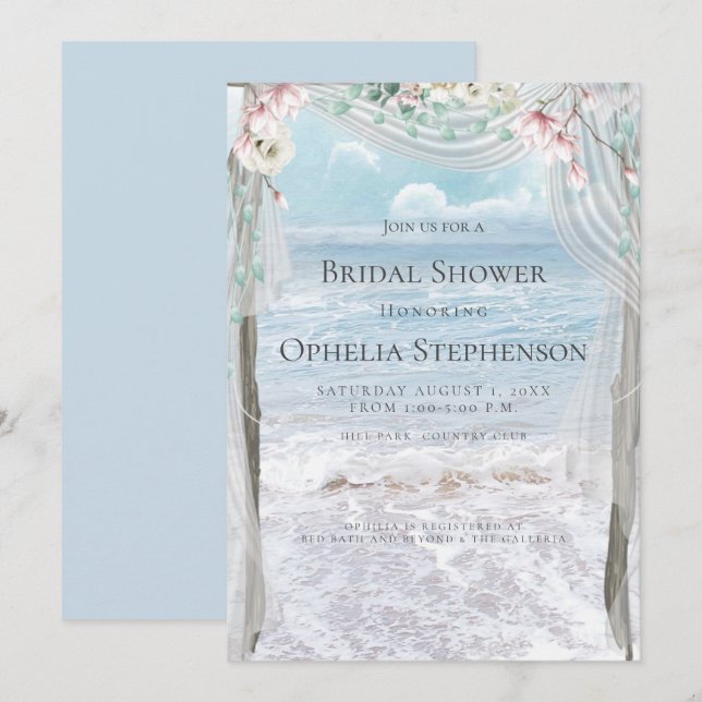 Invitación BRIDAL SHOWER | Elegante Puerto Floral de Playa (Anverso / Reverso)