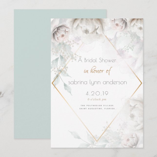 Invitación Bridal Shower | Elegantes Peonías Blancas Alabastr (Anverso / Reverso)