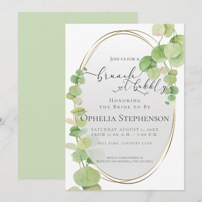 Invitación BRIDAL SHOWER | Eucalipto de brunch y burbuja (Anverso / Reverso)