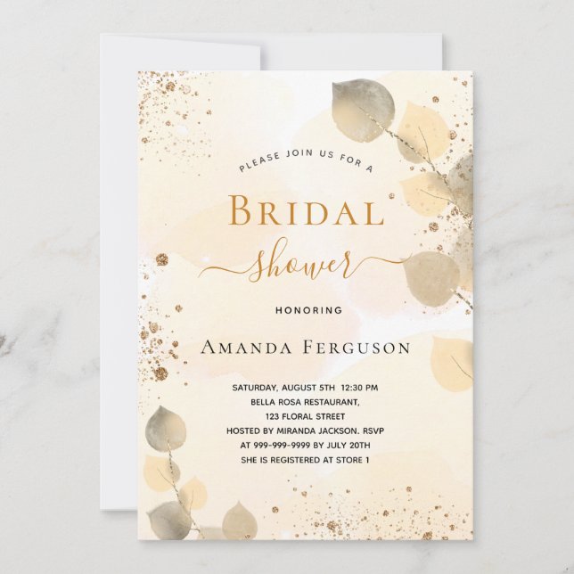 Invitación Bridal Shower eucalipto purpurina caída de oro (Anverso)