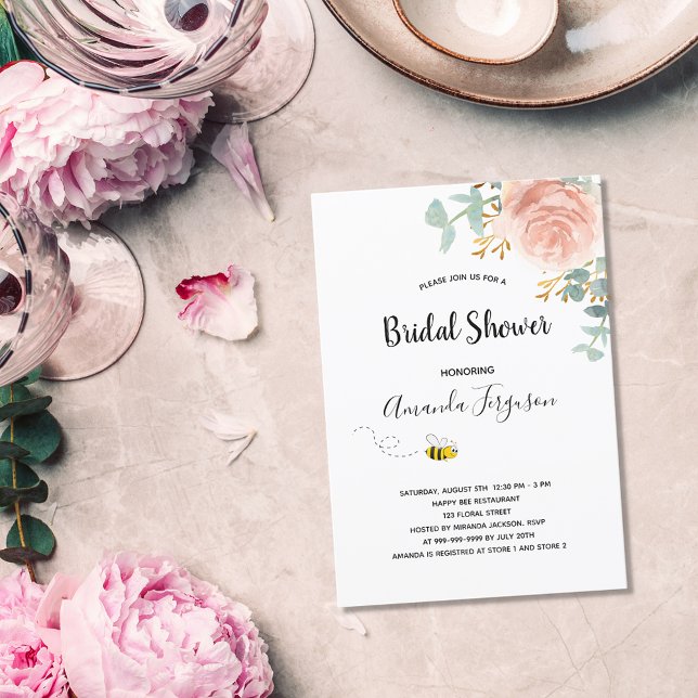 Invitación Bridal Shower eucalipto rosa floral abeja de oro (Subido por el creador)