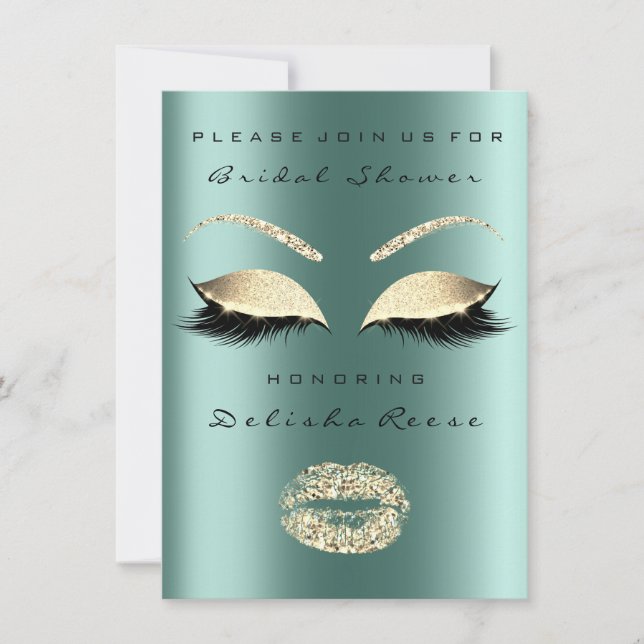 Invitación Bridal Shower Eyes Gold Sparkly Ligas Verde azulad (Anverso)