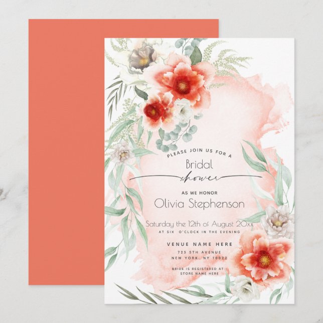 Invitación Bridal Shower | Flauta de escarlata acuarela (Anverso / Reverso)