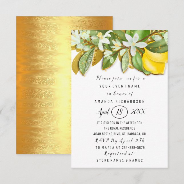 Invitación Bridal Shower Flor Brunch Árbol de limón Blanco (Anverso / Reverso)