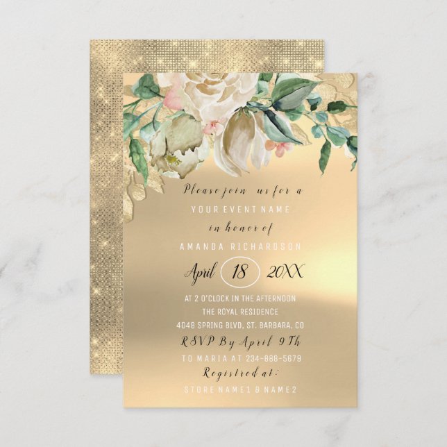 Invitación Bridal Shower Flor Brunch Green Gold Mint Ivory (Anverso / Reverso)