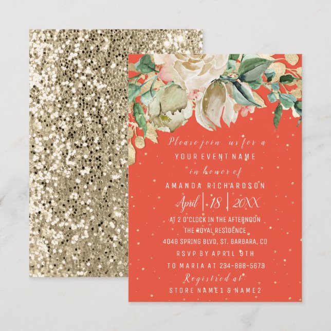Invitación Bridal Shower Flor Brunch Mint Coral acuarela (Anverso / Reverso)