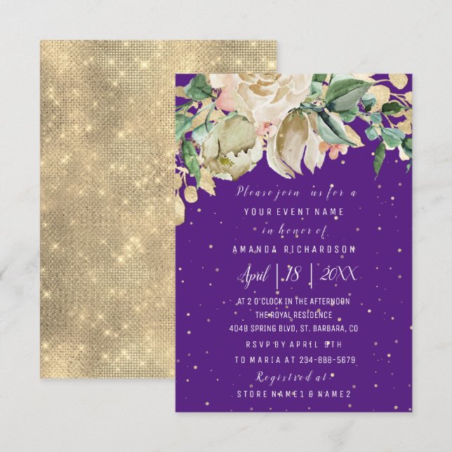 Invitación Bridal Shower Flor Brunch Mint Purple Confetti (Anverso / Reverso)