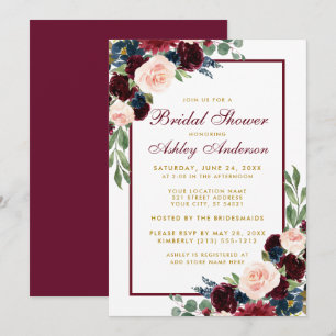 Invitación Bridal Shower Floral Burgundy Blue Gold Invite