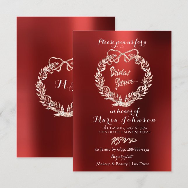 Invitación Bridal Shower Floral Burgundy Wreath Rosa (Anverso / Reverso)