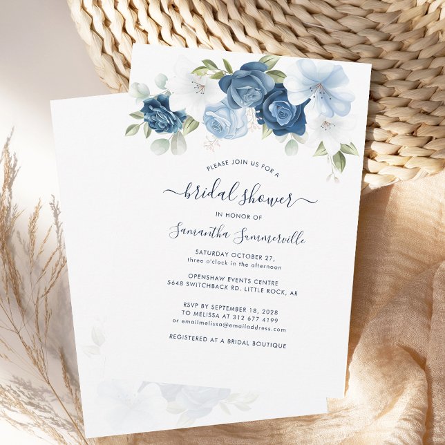 Invitación Bridal Shower Floral Dusty Blue (Floral Dusty Blue and White Nature Script Bridal Shower Invitation)