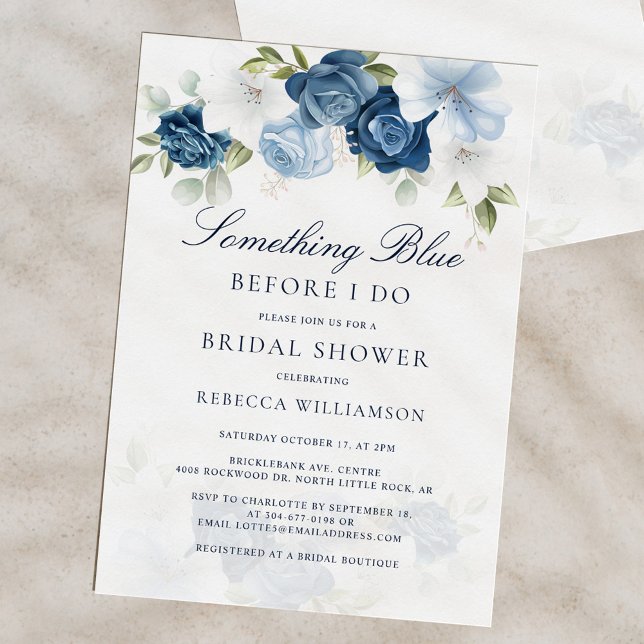Invitación Bridal Shower Floral Dusty Blue Script (Floral Dusty Blue Script Bridal Shower Invitation)