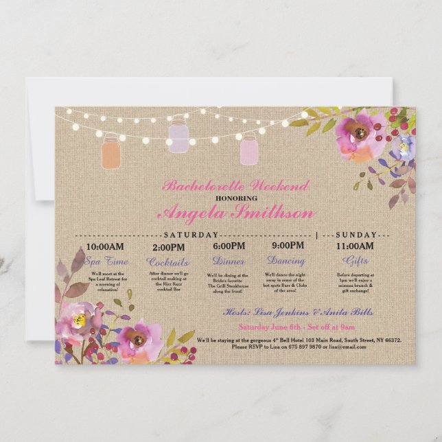 Invitación Bridal Shower Floral Jars Itinerary Bachelorette (Anverso)