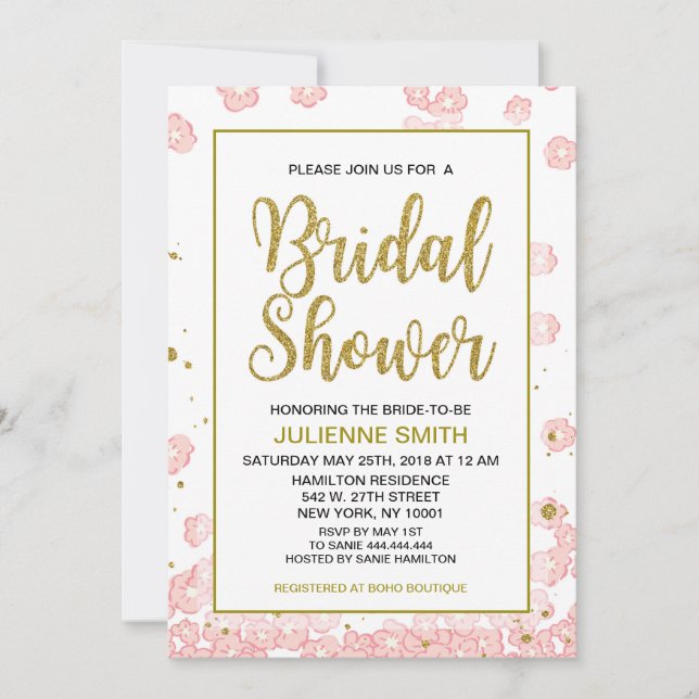 Invitación Bridal Shower Floral | Purpurina rosa y dorado (Anverso)