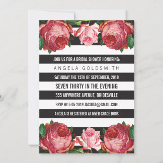 Invitación Bridal Shower Floral Rayas blancas y negras