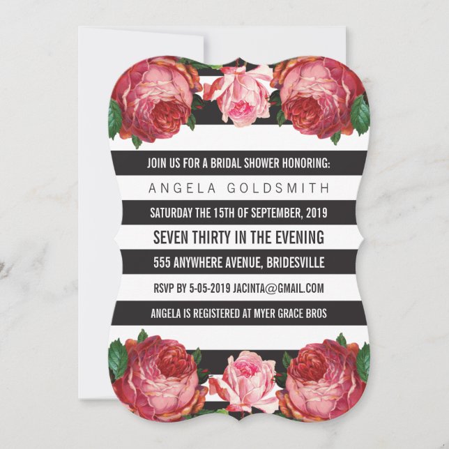 Invitación Bridal Shower Floral Rayas blancas y negras (Anverso)
