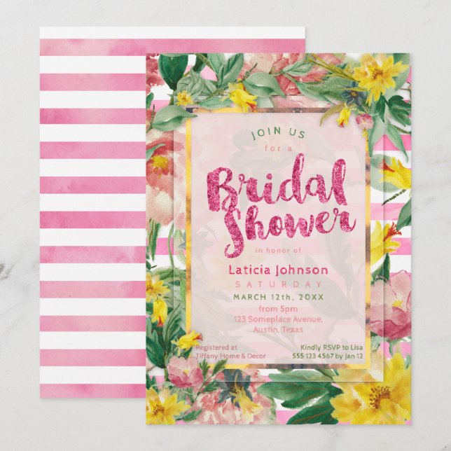 Invitación Bridal Shower | Floral rosa amarillo Bonito + raya (Anverso / Reverso)
