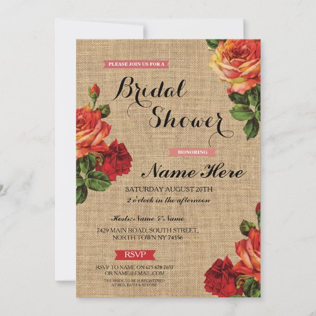 Invitación Bridal Shower Floral Roses Roses Roses Burlap Invi (Anverso)