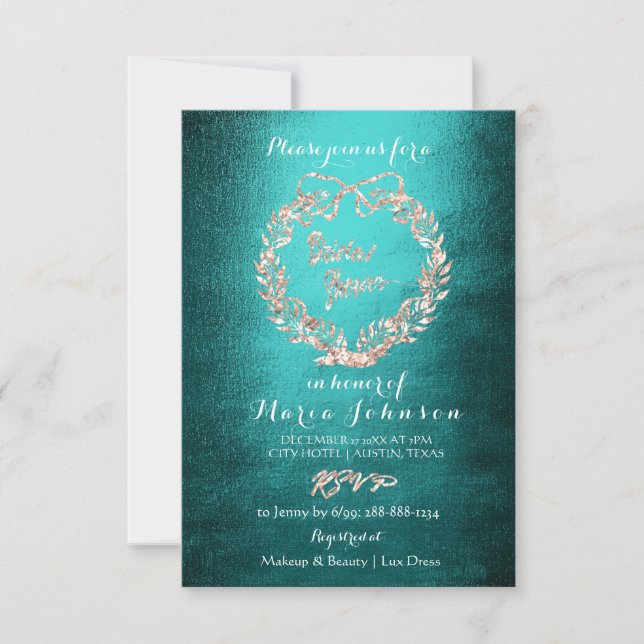 Invitación Bridal Shower Floral Wreath Rosa Gold Verde azulad (Anverso)