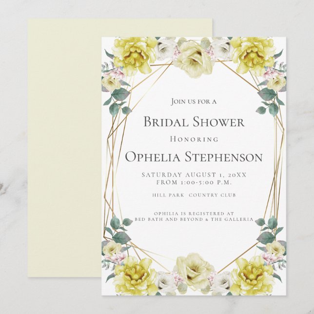 Invitación BRIDAL SHOWER | Flores amarillas acuarelas (Anverso / Reverso)