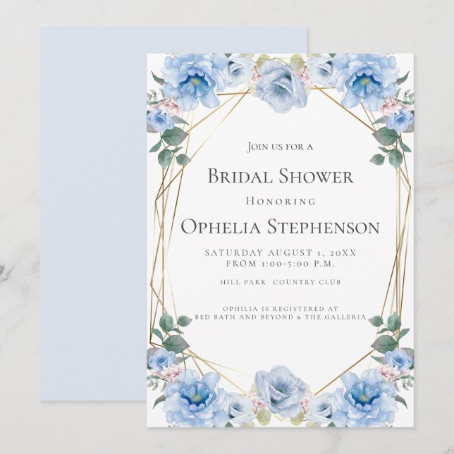 Invitación BRIDAL SHOWER | Flores azul acuarela (Anverso / Reverso)