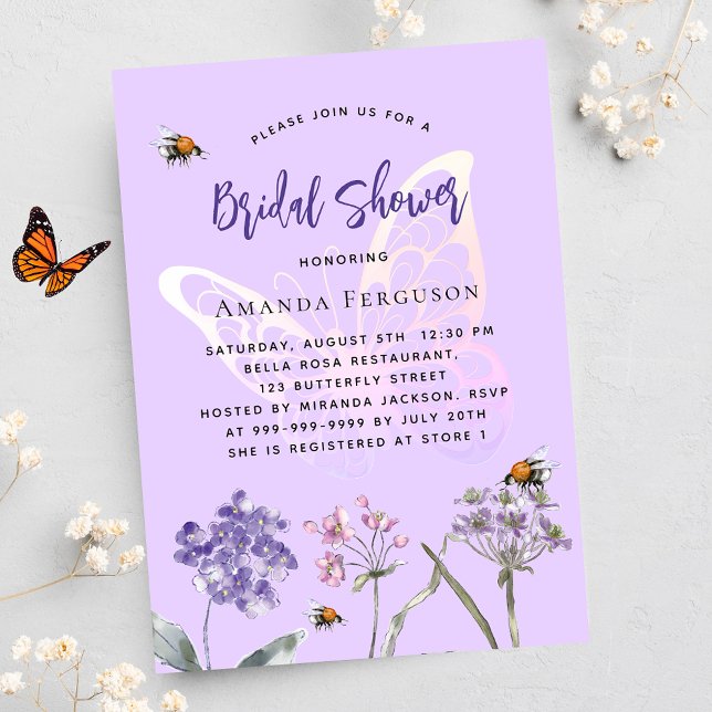 Invitación Bridal Shower flores silvestres violeta mariposa l (Subido por el creador)