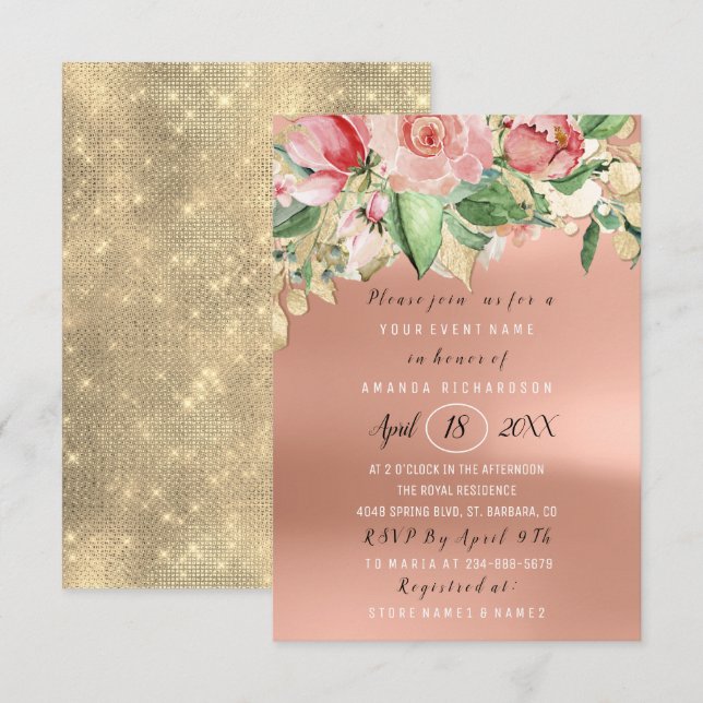 Invitación Bridal Shower Flower Brunch Green Gold Rosa Rubor (Anverso / Reverso)