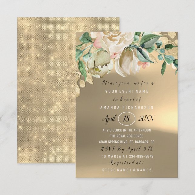 Invitación Bridal Shower Flower Brunch Green Gold Rosa Rústic (Anverso / Reverso)