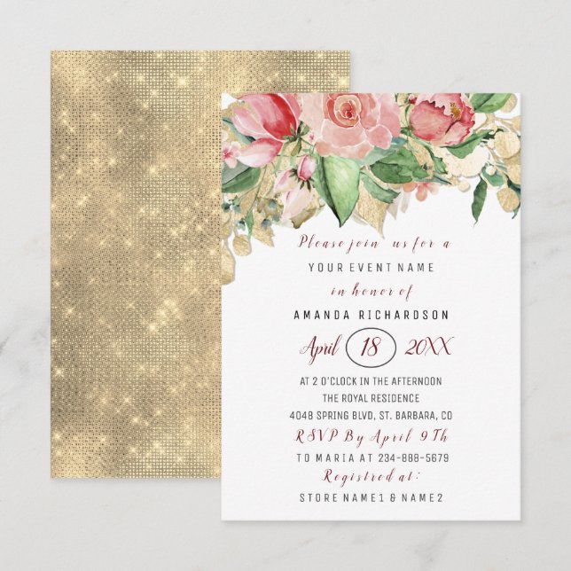Invitación Bridal Shower Flower Brunch Green Gold Rosas White (Anverso / Reverso)