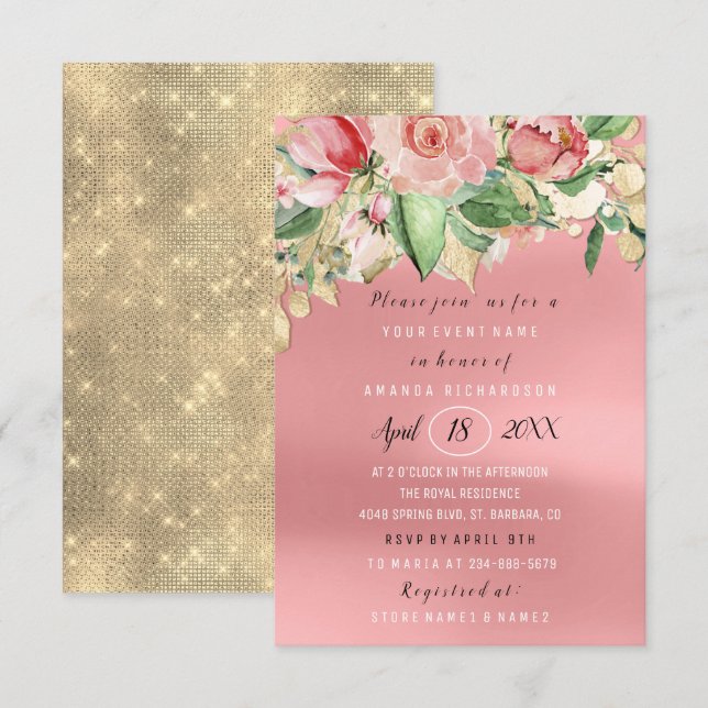 Invitación Bridal Shower Flower Brunch Greenery Rosas Gold (Anverso / Reverso)