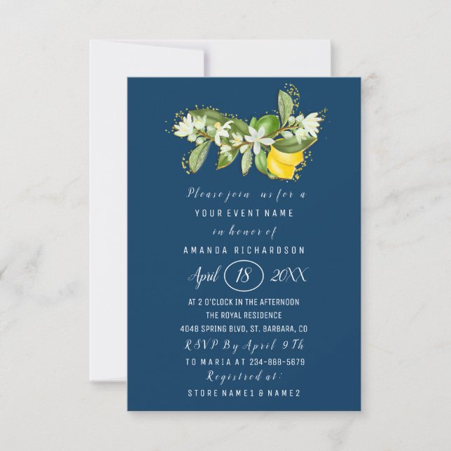 Invitación Bridal Shower Flower Brunch Lemon Green Blue (Anverso)