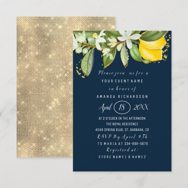 Invitación Bridal Shower Flower Brunch Lemon Green Naval (Anverso / Reverso)