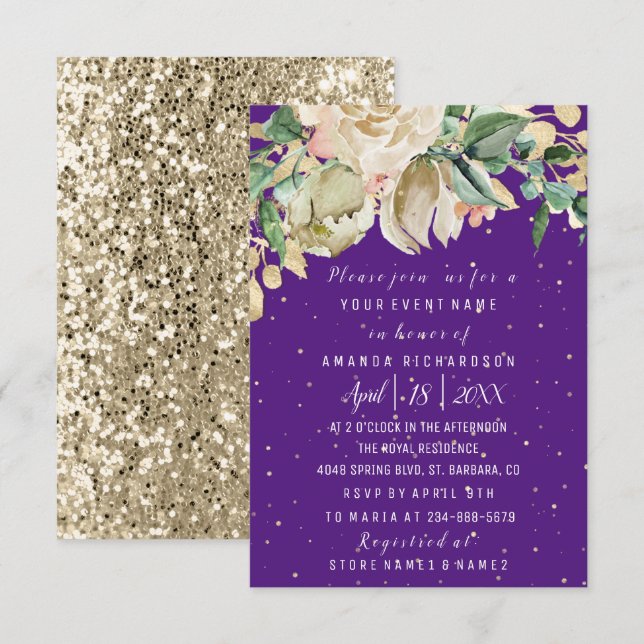 Invitación Bridal Shower Flower Brunch Mint Purple Watercolor (Anverso / Reverso)