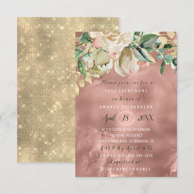 Invitación Bridal Shower Flower Brunch Rosas de  Rubor Rosa (Anverso / Reverso)