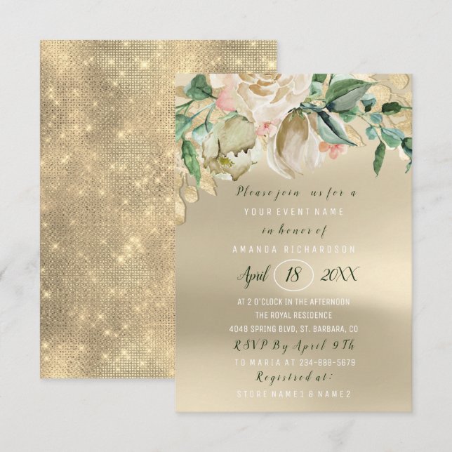 Invitación Bridal Shower Flower Brunch Rosas marfileños de or (Anverso / Reverso)