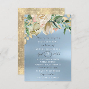 Invitación Bridal Shower Flower Brunch Spark Gold Blue