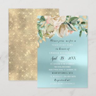 Invitación Bridal Shower Flower Brunch Spark Gold Blue