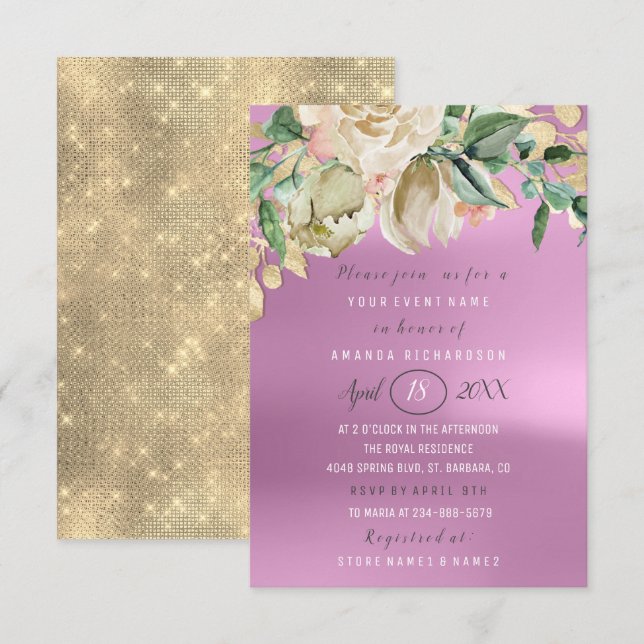 Invitación Bridal Shower Flower Brunch Spark Gold Purple (Anverso / Reverso)