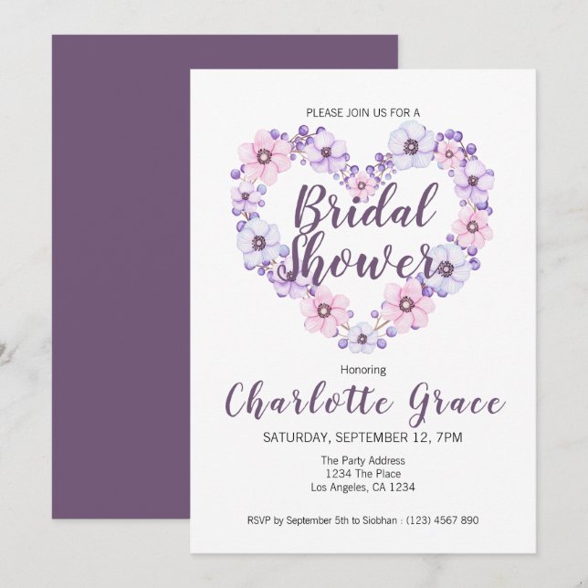 Invitación Bridal Shower Flower Heart Purple White (Anverso / Reverso)