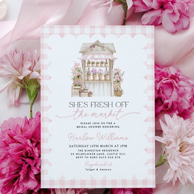 Invitación Bridal Shower Fresh off the Market Flower Market  (Pink Gingham Flower Cart Bridal Shower Invitation )
