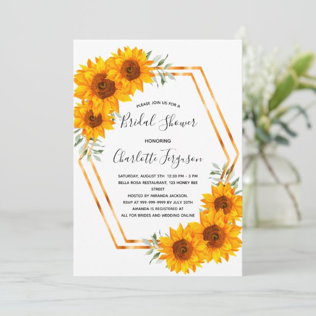 Invitación Bridal Shower girasoles dorados geométricos (Anverso de pie)