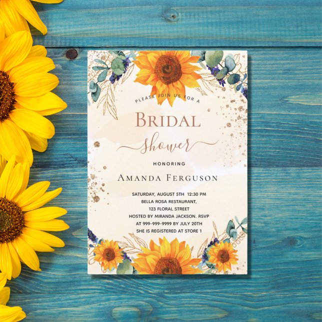 Invitación Bridal Shower girasoles eucalipto purpurina de oro (Subido por el creador)