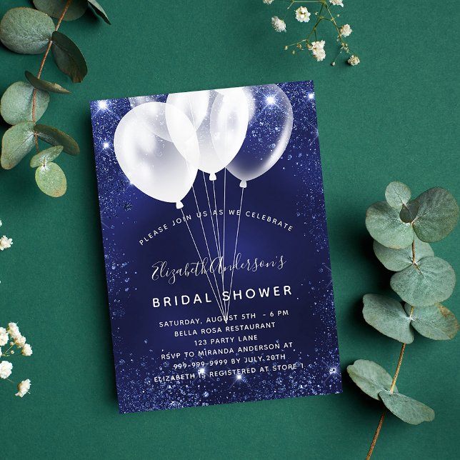Invitación Bridal Shower globo azul marino chispa elegante (Subido por el creador)