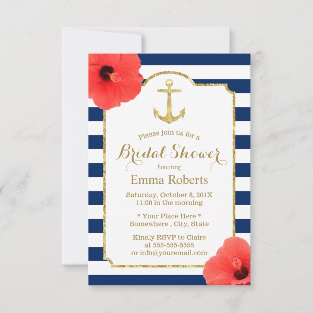 Invitación Bridal Shower Gold Anchor de la Marina Náutica Str (Anverso)