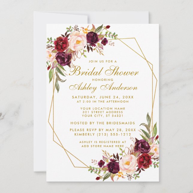 Invitación Bridal Shower Gold Burgundy Floral Geométrica (Anverso)