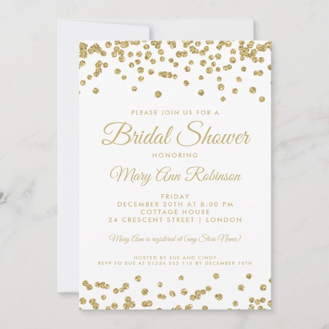 Invitación Bridal Shower Gold Faux Purpurina Confetti White (Anverso)