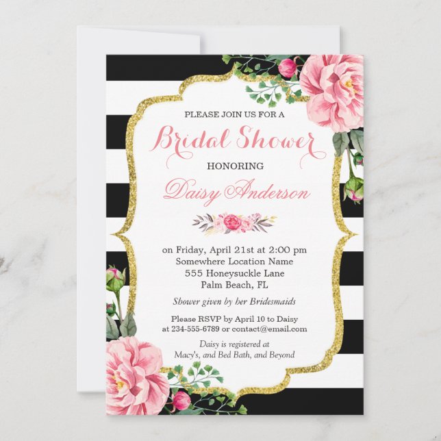 Invitación Bridal Shower Gold Flor rosa Flor Negro Rayas Blan (Anverso)