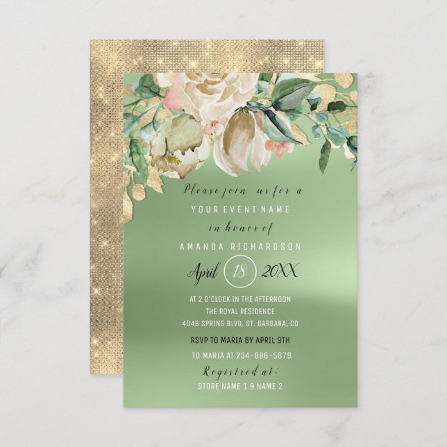 Invitación Bridal Shower Gold Flower Brunch Mint Green (Anverso / Reverso)