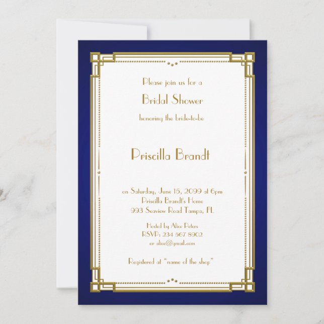 Invitación Bridal Shower, gran Gatsby, blanca y marina (Anverso)