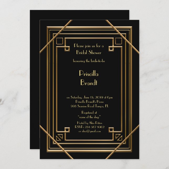 Invitación Bridal Shower, gran Gatsby dorado negro (Anverso / Reverso)