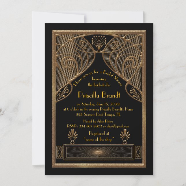 Invitación Bridal Shower, gran Gatsby negro Gold (Anverso)